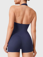 Dark Blue Yeoreo Daiane halter neck romper back view, open back with V-back contour and hidden scrunch for natural butt lift