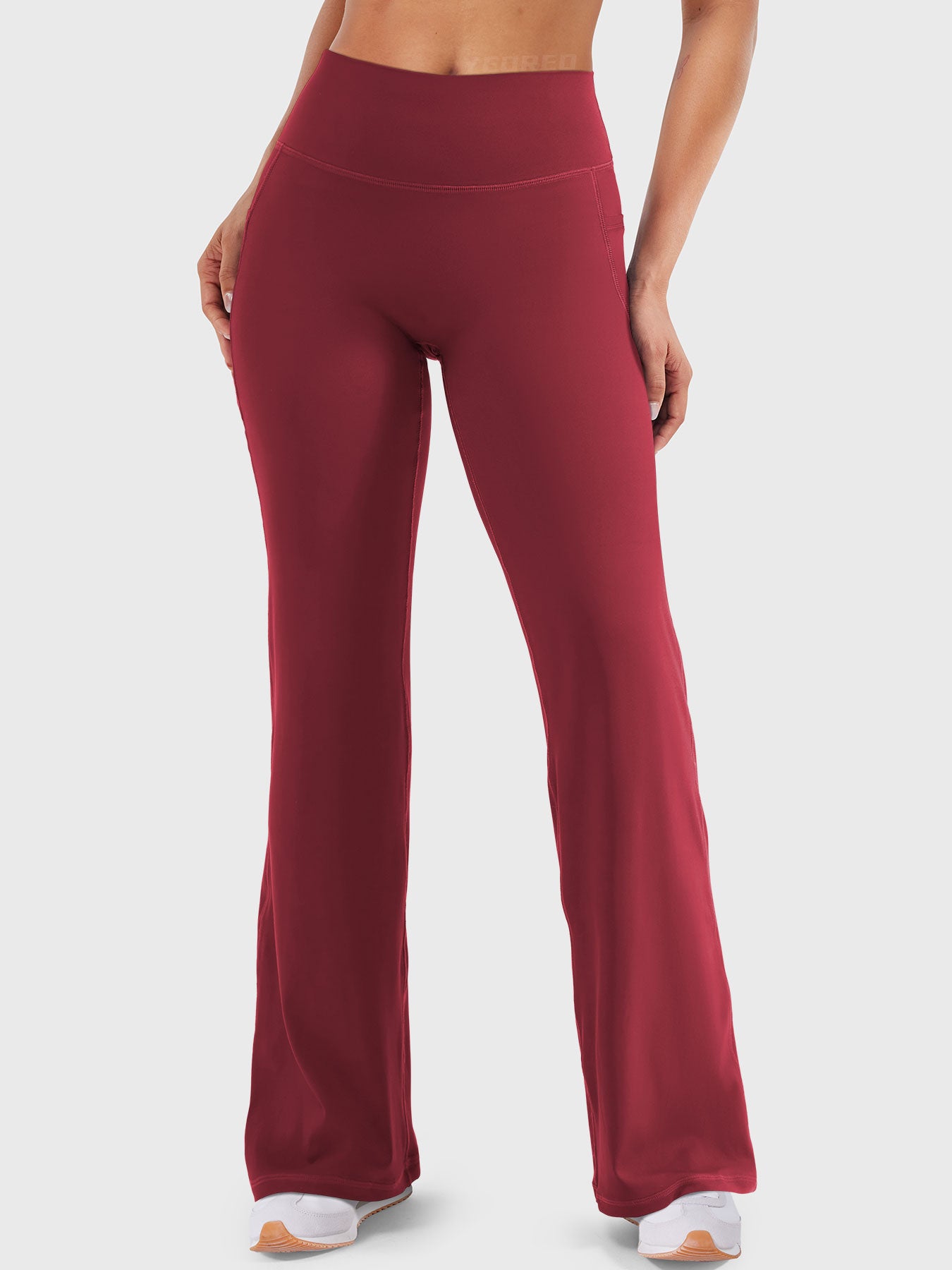 Anchor red high waisted straight leg leggings with pockets, no front seam for confident wear