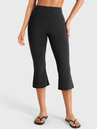 Black Yeoreo Daiane high waisted flare capri leggings front view, 21 inch cropped length with body-hugging fit