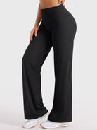 Black buttery soft straight leg leggings in forward lunge pose, flexible and comfortable