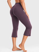 Black berry Yeoreo Daiane flared capri leggings back view, V-back contour waistband with hidden scrunch detail