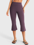 Black berry Daiane high waisted flared capri leggings front view, 21 inch cropped flare design with sculpting fit