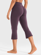 Black berry Yeoreo Daiane flare capri leggings full back view, V-back shaping detail with stretchy fabric silhouette
