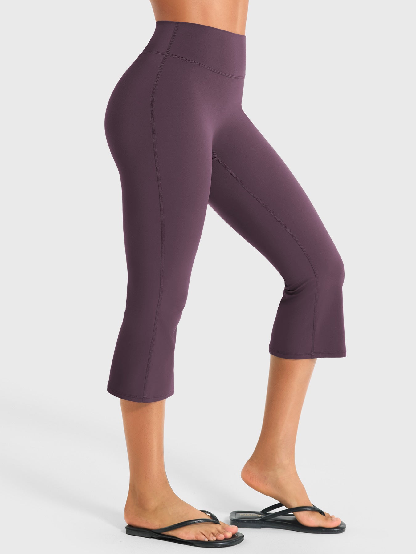 Black berry Yeoreo Daiane cropped flare leggings side view, high waist tummy control fit with flattering leg shape