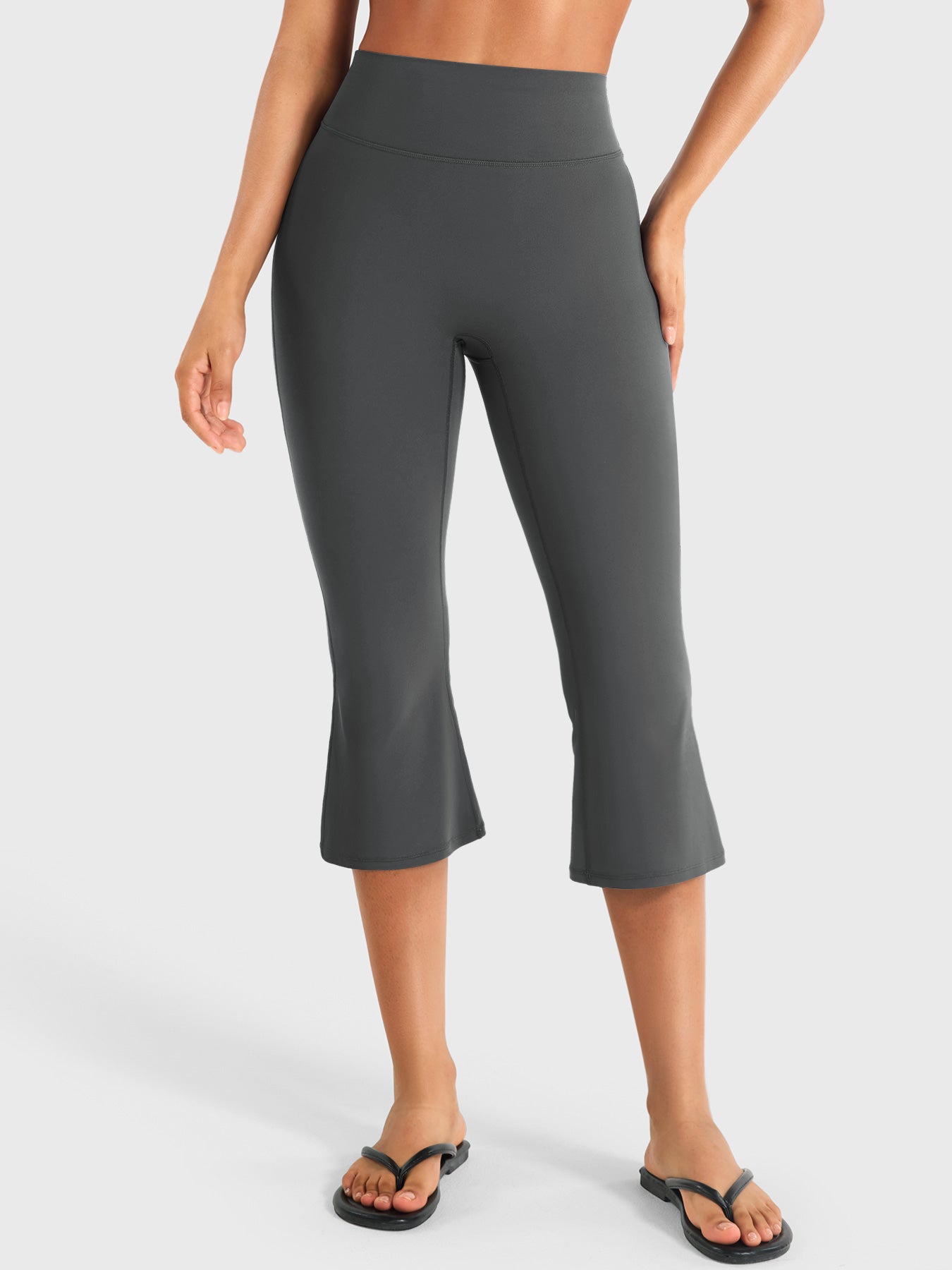 Dark Grey Yeoreo Daiane high waisted flare capri leggings front view, 21 inch inseam with sculpting cropped fit