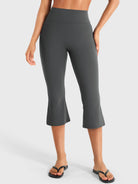 Dark Grey Yeoreo Daiane high waisted flare capri leggings front view, 21 inch inseam with sculpting cropped fit