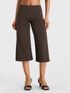 Coffee Yeoreo Samyer 21 inch low rise wide leg capri pants front view, seamless front construction with wide leg silhouette