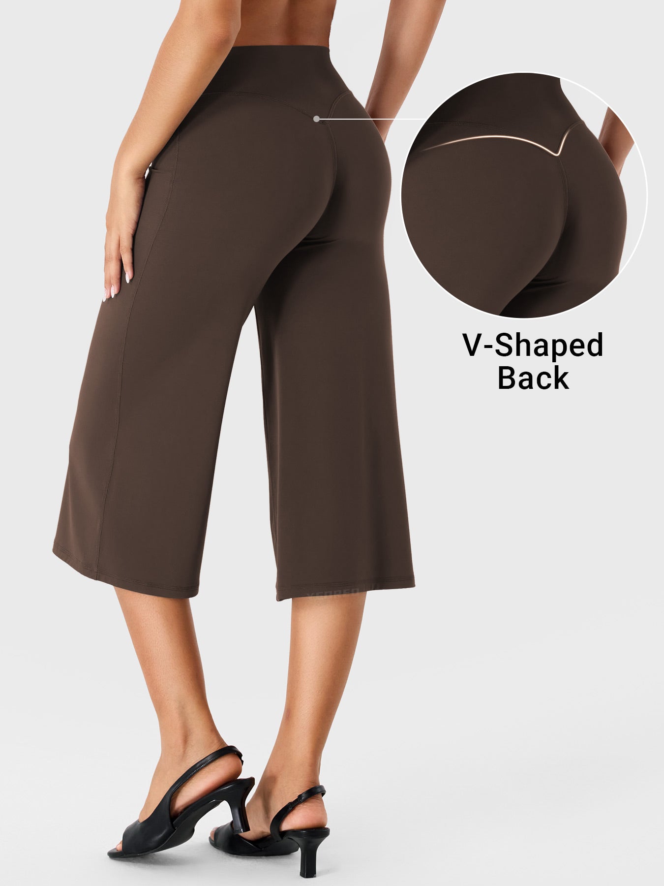 Coffee Yeoreo Samyer wide leg capri pants angled back view, V-back contour shaping detail