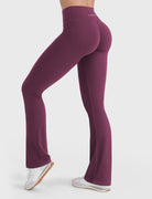 Deep Cherry Red V-back booty-lift mini flare leggings, angled back pose