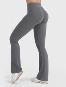 Lara Smoke V-back booty-enhancing mini flare leggings, angled back pose