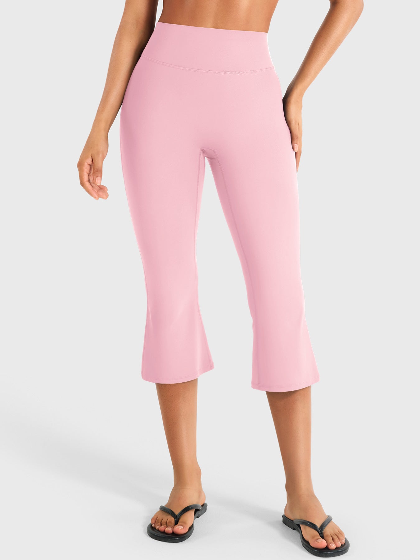 Light Pink Yeoreo Daiane high waisted flare capri leggings front view, 21 inch cropped flare silhouette