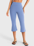 Ocean Blue Yeoreo Daiane high waisted flare capri leggings front view, 21 inch cropped length with sculpting fit
