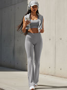 light grey straight leg leggings styled for gym to street everyday wear