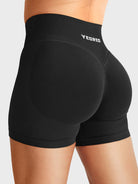 Black Baderiy 4.5" V-waistband seamless shorts angled back view, sculpted glute contour with natural lifting effect