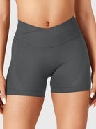 Dark Grey Baderiy 4.5" V-cross waistband seamless shorts front view, high-waisted no front seam design for clean fit