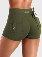 Army Green Yeoreo Darilya CoreFlex Y2K cargo shorts angled back view, flap cargo pockets highlighting utility style