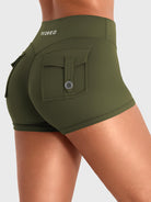 Army Green Yeoreo Darilya CoreFlex cargo shorts side view, hidden scrunch and V-back waistband for a sculpted fit