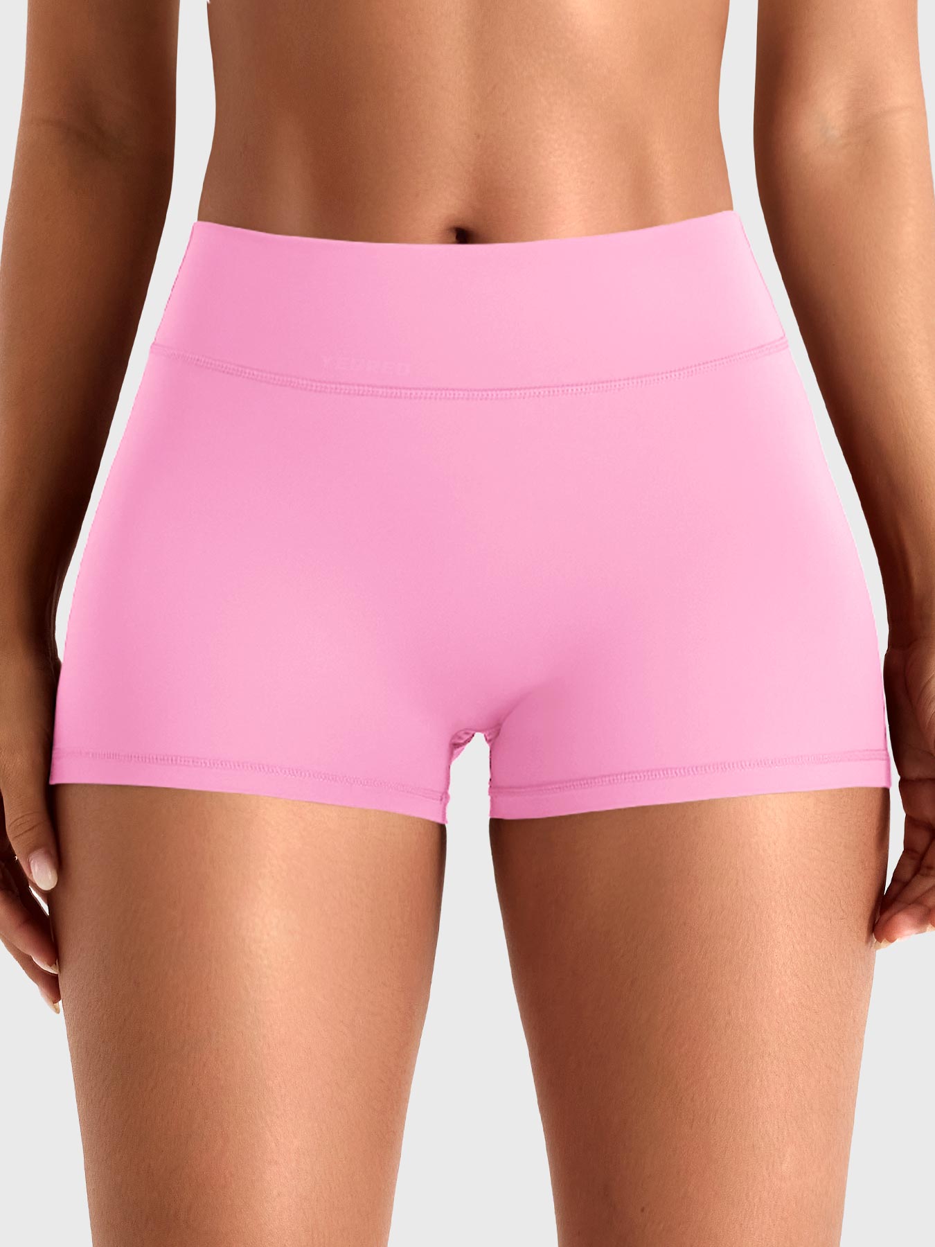 Bubblegum Pink Yeoreo Darilya CoreFlex cargo shorts front view, seamless low-rise design with 2.5-inch inseam