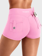 Bubblegum Pink Yeoreo Darilya CoreFlex Y2K cargo shorts angled back view, flap pocket detail and fitted cargo silhouette