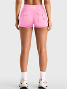 Bubblegum Pink Yeoreo Darilya CoreFlex cargo shorts back view, dual utility pockets and seamless construction