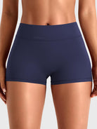 Navy Yeoreo Darilya CoreFlex cargo shorts front view, low-rise fit with no front seam and 2.5-inch inseam
