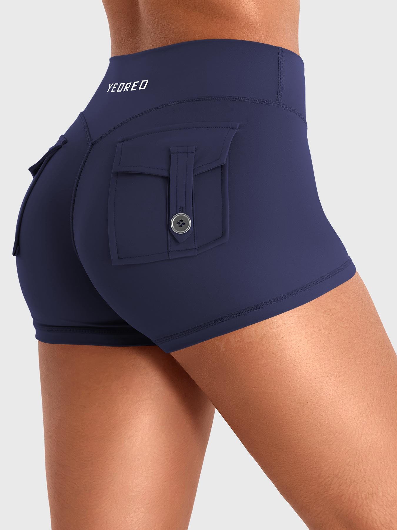Navy Yeoreo Darilya CoreFlex cargo shorts side view, V-back waistband and hidden scrunch for enhanced shaping