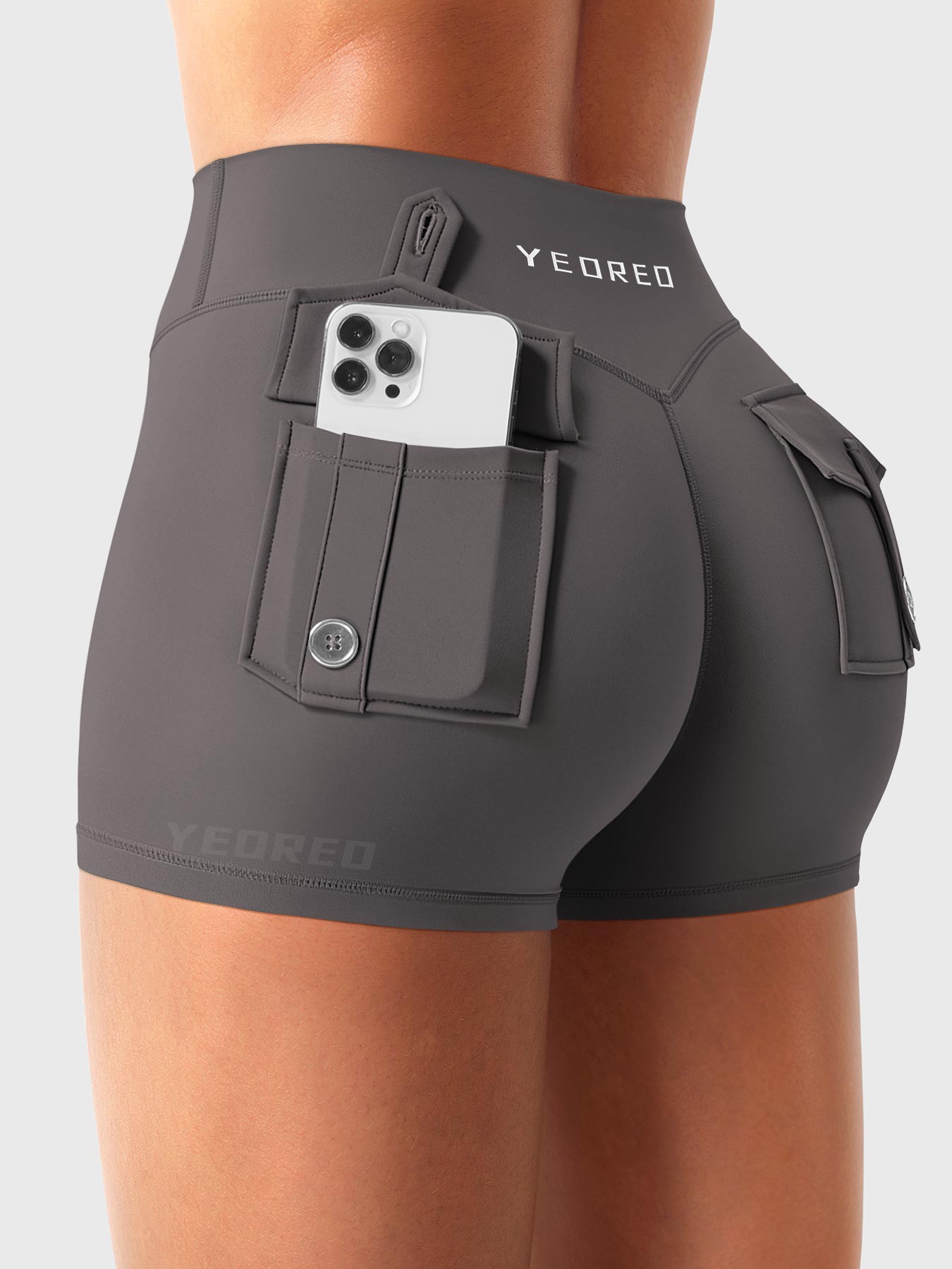 Dark Grey Yeoreo Darilya CoreFlex low rise cargo shorts angled back view, dual back cargo pockets sized for phone storage