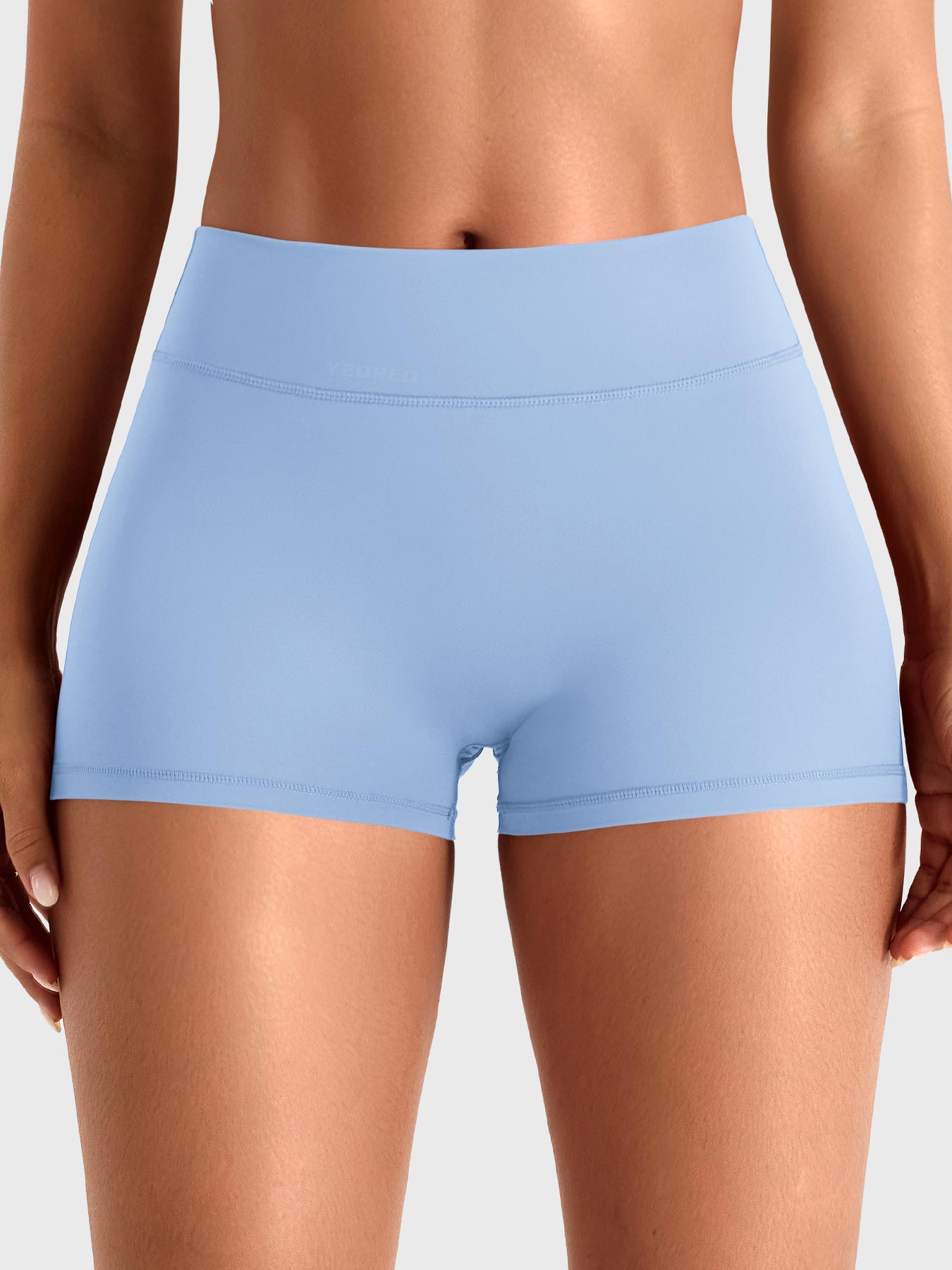Light Blue Yeoreo Darilya CoreFlex cargo shorts front view, 2.5-inch inseam with low-rise no front seam construction