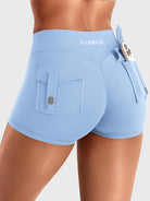 Light Blue Yeoreo Darilyya CoreFlex Y2K cargo shorts angled back view, flap pocket detail and utility-inspired silhouette