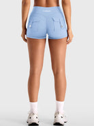 Light Blue Yeoreo Darilya CoreFlex cargo shorts back view, seamless design with dual cargo pockets