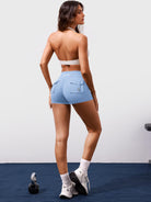 Light Blue Yeoreo Darilya CoreFlex cargo shorts full body view, gym-ready styling with a sporty cargo aesthetic