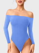 Dacrly Off Shoulder Bodysuit in blue, front view standing, off shoulder neckline, smooth and fitted silhouette