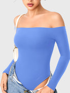 Dacrly Off Shoulder Bodysuit in blue, angled front view layered with jeans, off shoulder styling, Y2K casual street look