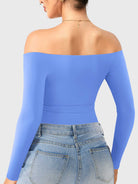 Dacrly Off Shoulder Bodysuit in blue, back view layered with jeans, slim fit bodysuit for everyday street wear