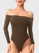 Dacrly Off Shoulder Bodysuit in deep brown, front view standing, off shoulder neckline, smooth fitted silhouette