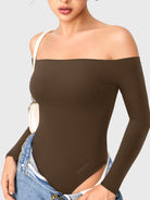 Dacrly Off Shoulder Bodysuit in deep brown, angled front view layered with jeans, off shoulder styling, Y2K casual outfit