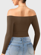 Dacrly Off Shoulder Bodysuit in deep brown, back view layered with jeans, body-hugging fit for everyday street wear