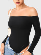 Dacrly Off Shoulder Bodysuit in black, angled front view layered with jeans, off shoulder top styling, Y2K going-out look