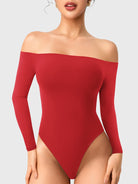 Dacrly Off Shoulder Bodysuit in red, front view standing, off shoulder neckline, slim and body-hugging fit