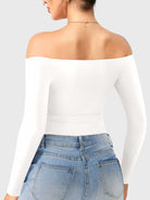 Dacrly Off Shoulder Bodysuit in white, back view layered with jeans, slim fit bodysuit for casual street wear
