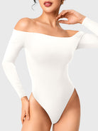 Dacrly Off Shoulder Bodysuit in white, front view pose with hand touching neck, off shoulder neckline highlighting elegant neckline
